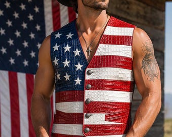 Handgjord amerikansk flagga krokodilpräglad läderbikerväst, USA patriotisk självständighetsdagsoutfit
