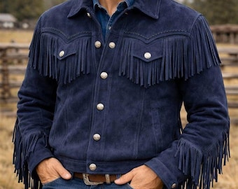 Chaqueta de ante azul marino con flecos para hombre, hecha a mano. Chaqueta vaquera con botones, estilo ranchero vintage, estilo motero, estilo Año Nuevo.