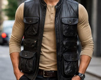 Herrväst i äkta kohud med flera fickor, vintage, avslappnad utomhusmode, present till honom