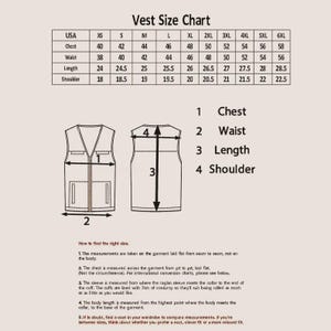 May include: Vest size chart with measurements in inches for chest, waist, length, and shoulder. Includes diagrams illustrating where to measure on a vest. Text explains how to find the right size.