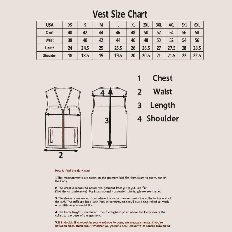 May include: Vest size chart with measurements in inches for chest, waist, length, and shoulder. Includes diagrams illustrating where to measure on a vest. Text explains how to find the right size.