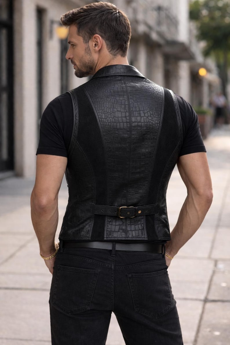 May include: A black vest featuring a textured crocodile-skin pattern on the back panels, contrasted with smooth black side panels. The garment includes a horizontal adjustable strap across the lower back with a metallic buckle and a collar.