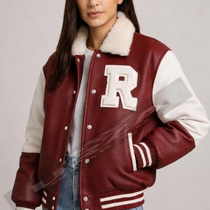 Personalized Pink Cowhide Varsity Jacket – Faux Fur Collar Retro Bomber