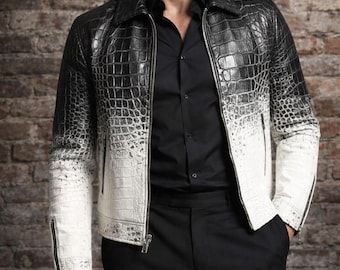 Handmade Men's Crocodile Embossed Leather Biker Jacket – Black White Gradient Coat, Luxury Texture Wear