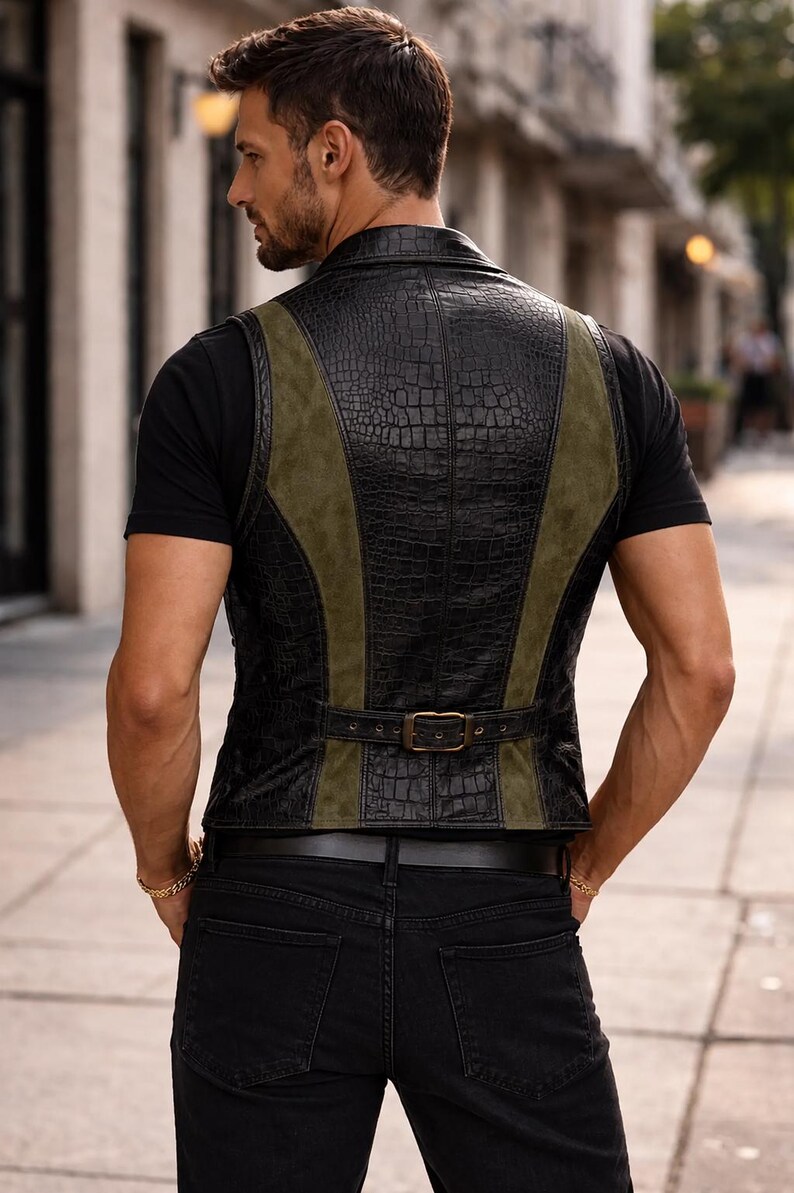 May include: A sleeveless vest featuring a black crocodile-textured pattern on the back and sides, contrasted with olive green suede-like panels. The garment includes a horizontal back strap with a metallic buckle and is worn over a black t-shirt.