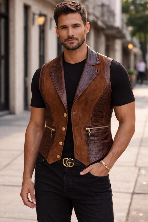 Handmade Men's Suede  Leather Vest – Croco Embossed Biker Waistcoat, Slim Fit Fashion Gift