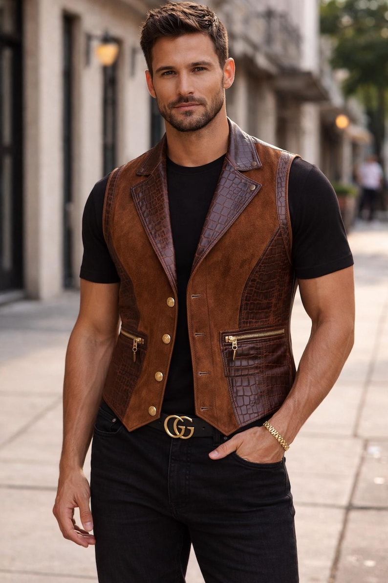 May include: A brown vest featuring a combination of smooth suede and dark brown crocodile-embossed leather panels. The garment includes a notched lapel, four gold-toned buttons, and two zippered pockets with gold hardware, worn over a black t-shirt.