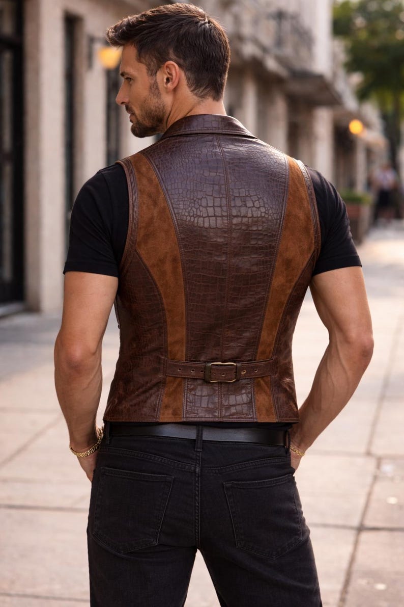 May include: A brown vest featuring a combination of textured crocodile-embossed leather panels and smooth suede side sections. The garment includes a notched collar and an adjustable back strap with a metallic buckle, worn over a black t-shirt.