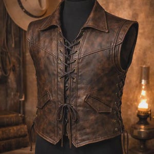 May include: Brown leather vest with a collared neckline and lace-up front. The vest has two small pockets and lace-up detailing on the sides. A cowboy hat is visible in the background.