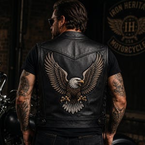 Puede incluir: Un chaleco de cuero negro para motocicleta con un parche bordado grande y detallado de un águila calva con las alas extendidas en la espalda. El chaleco incluye cordones laterales, un cuello estructurado y una costura horizontal en la espalda.