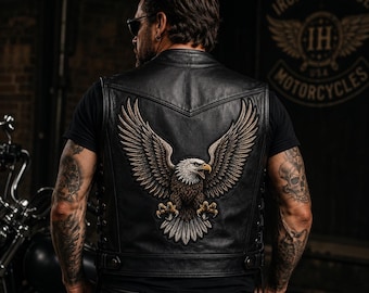 Handmade Black Leather Biker Vest – Embroidered Eagle Back Patch, Motorcycle Club Style Waistcoat