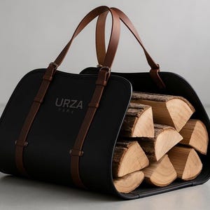 May include: Black firewood carrier with brown leather handles and straps. The carrier is filled with cut logs. The text "URZA PARIS" is printed on the front of the carrier.