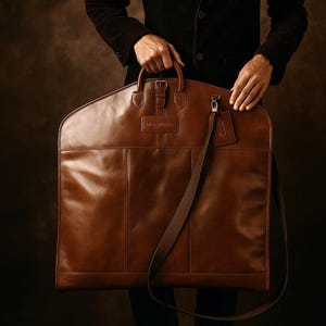 Op de afbeelding: Een bruine leren kledingtas met een handvat, gesp en schouderriem. De tas heeft een rechthoekig label met de letter "J" en de merknaam "MOLZARIS" in reli&euml;f. De tas is ontworpen om kleding te vervoeren.