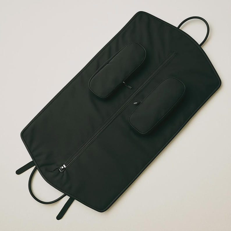 May include: Black garment bag with a full-length zipper, two padded sections, and a top handle. The bag has two small handles at the bottom and is designed to protect clothing during travel.
