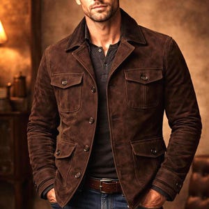 Puede incluir: Chaqueta de ante marrón con cuatro bolsillos delanteros y botones. La chaqueta se lleva sobre una camisa gris y se combina con vaqueros azules y un cinturón de cuero marrón. La chaqueta tiene un estilo clásico y robusto.