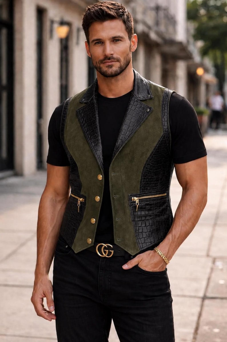 May include: A sleeveless vest featuring a combination of olive green suede panels and black crocodile-embossed leather sections. The vest includes a notched lapel, four gold-toned buttons for closure, and two horizontal zippered pockets with gold hardware.