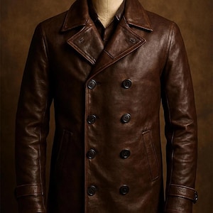 Handmade Black Leather Peacoat: Double Breasted Tailored Winter Jacket, Gift For Him