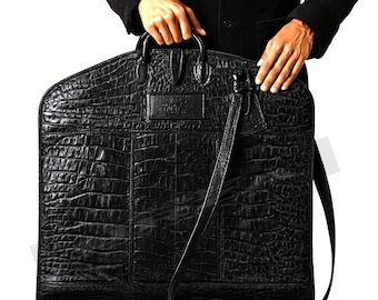 Handmade Black Crocodile Embossed Leather Suit Carrier – Luxury Garment Bag, Groomsmen Gift, Wedding & Business