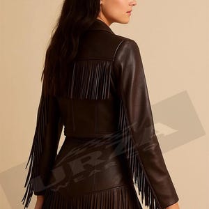 Fringe Leather Set – Women’s Cowgirl Cowhide Jacket and Skirt/Shorts, Mother Day Gift image 3