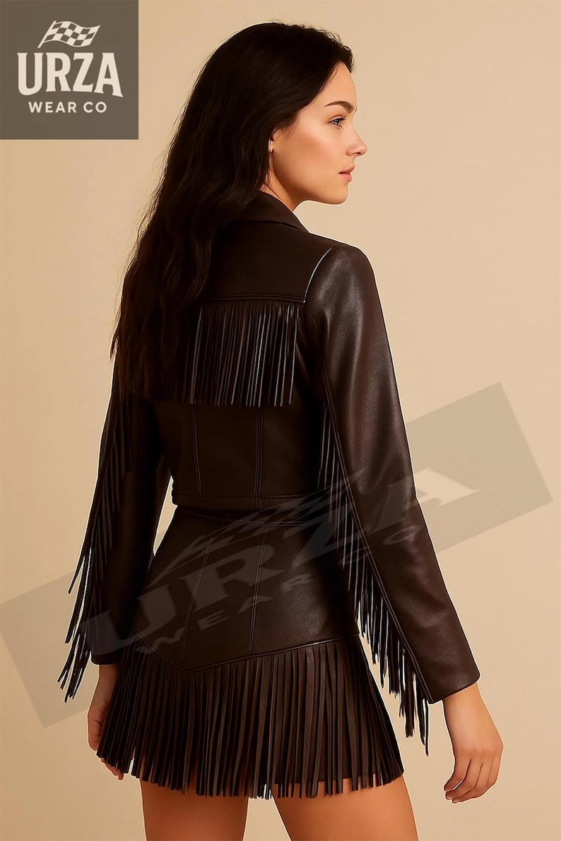 Fringe Leather Set – Women’s Cowgirl Cowhide Jacket and Skirt/Shorts, Mother Day Gift image 3