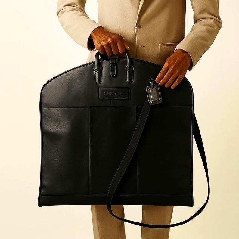 May include: A black garment bag with a top handle, shoulder strap, and a rectangular tag. The bag has a rectangular shape with a curved top and a front pocket. The bag is held by a person wearing a tan blazer.