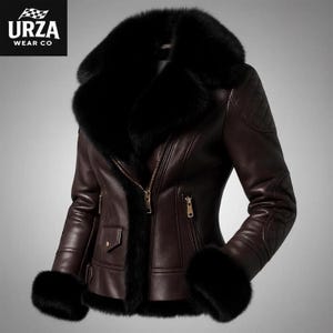 Handgemaakte warme jas van koffiekleurig en zwart leer: winterjas voor dames in pilotenmodel, met imitatiebont, ideaal als kerstcadeau.