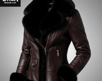 Handmade Coffee & Black Leather Shearling Jacket: Women's Winter Aviator Coat, Faux Fur, Christmas Gift