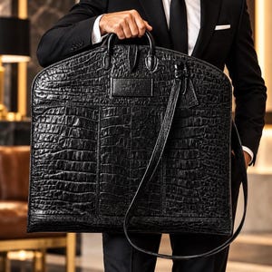 A person in a black suit holds a black croc-embossed leather garment bag with two top handles and a shoulder strap.