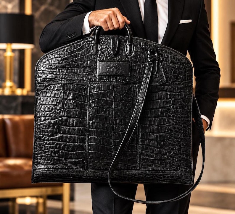 A person in a black suit holds a black croc-embossed leather garment bag with two top handles and a shoulder strap.