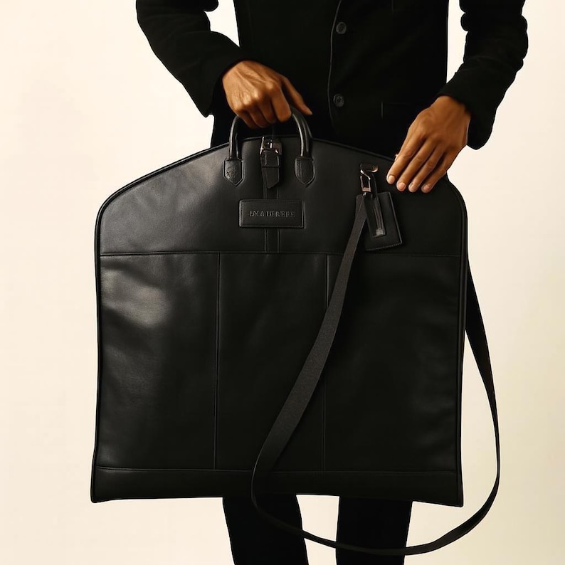 May include: A black leather garment bag with a top handle, shoulder strap, and a small tag. The bag has a rectangular shape with a curved top and a front pocket. The text "ZACK & PARKER" is embossed on the front.