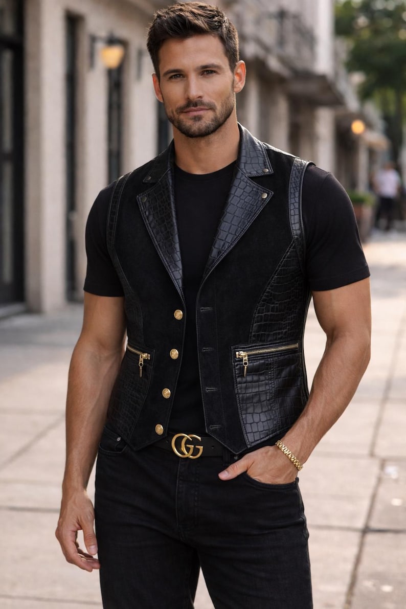 May include: A black vest featuring a combination of suede and crocodile-embossed leather textures. The garment includes a notched lapel, gold-toned buttons down the front, and two horizontal zippered pockets with gold hardware on the lower front panels.