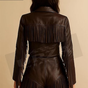 Fringe Leather Set – Women’s Cowgirl Cowhide Jacket and Skirt/Shorts, Mother Day Gift image 2