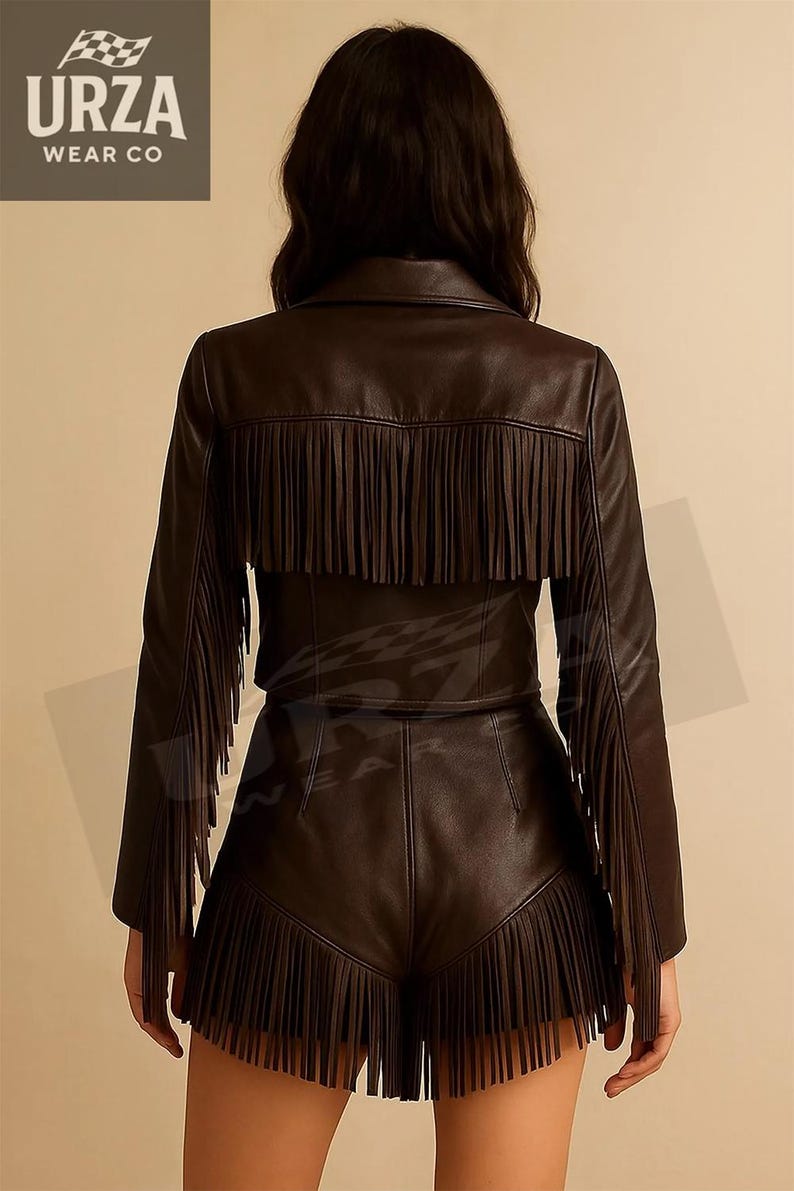 Fringe Leather Set – Women’s Cowgirl Cowhide Jacket and Skirt/Shorts, Mother Day Gift image 2
