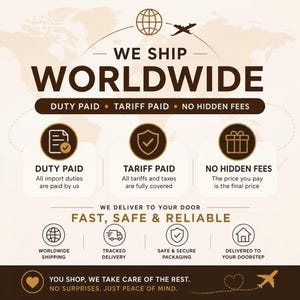 Infographic detailing worldwide shipping policies with text stating duty paid, tariff paid, and no hidden fees.