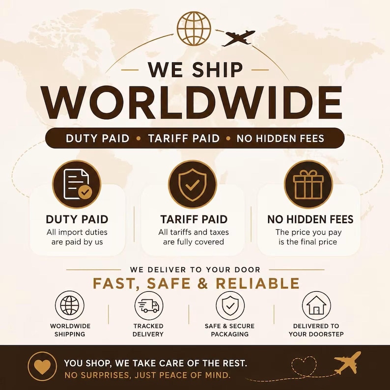 Infographic detailing worldwide shipping policies with text stating duty paid, tariff paid, and no hidden fees.