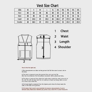May include: A black and white vest size chart featuring a table with sizes XS through 6XL, including chest, waist, length, and shoulder measurements in inches. Two line drawings of a vest show numbered points for measuring chest, waist, length, and shoulder.