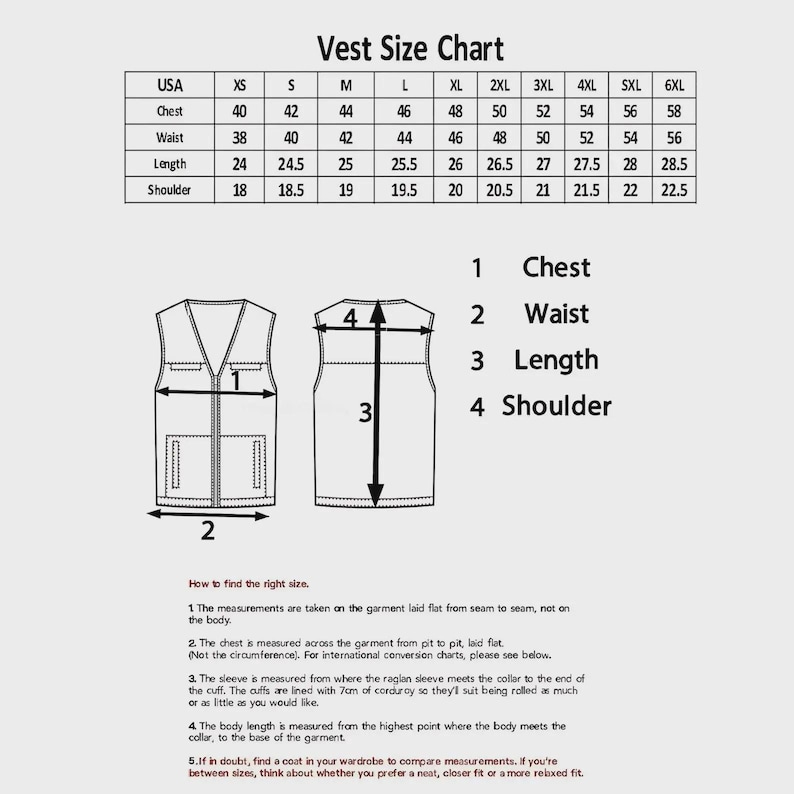May include: A black and white vest size chart featuring a table with sizes XS through 6XL, including chest, waist, length, and shoulder measurements in inches. Two line drawings of a vest show numbered points for measuring chest, waist, length, and shoulder.