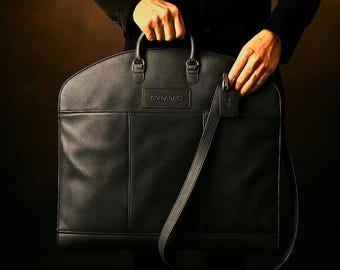 Handmade Personalized Black Leather Suit Carrier: Travel Garment Bag, Groomsmen Gift