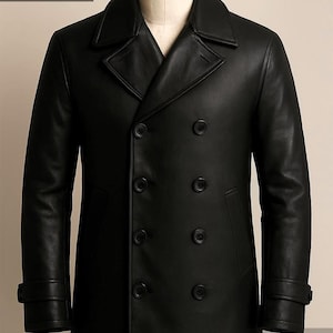 Handmade Black & Brown Cowhide Leather Men's  Peacoat: Double Breasted Tailored Winter Jacket, Gift For Him