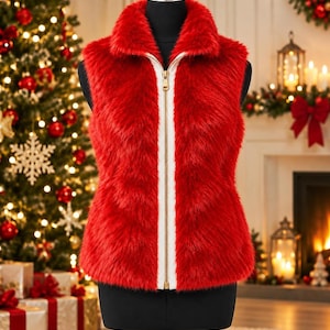 Handmade Red Faux Fur Vest, Women's  Sleeveless Christmas Santa Cosplay Waistcoat , Holiday Outfit - Xmas Vest Gift for Her