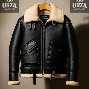 Blouson aviateur B3 en cuir noir : manteau d'hiver en peau de mouton retournée pour hommes, style aviateur vintage chaud