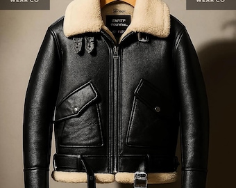 Black Leather B3 Aviator Jacket: Men's Shearling Winter Coat, Warm Vintage Flight Style