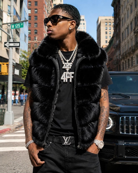 Men's Handmade Black Mink Faux Fur Vest: Hip Hop Streetwear, Urban Luxury Layering Waistcoat
