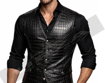 Handmade Crocodile Embossed Leather Vest – Genuine Cowhide Waistcoat
