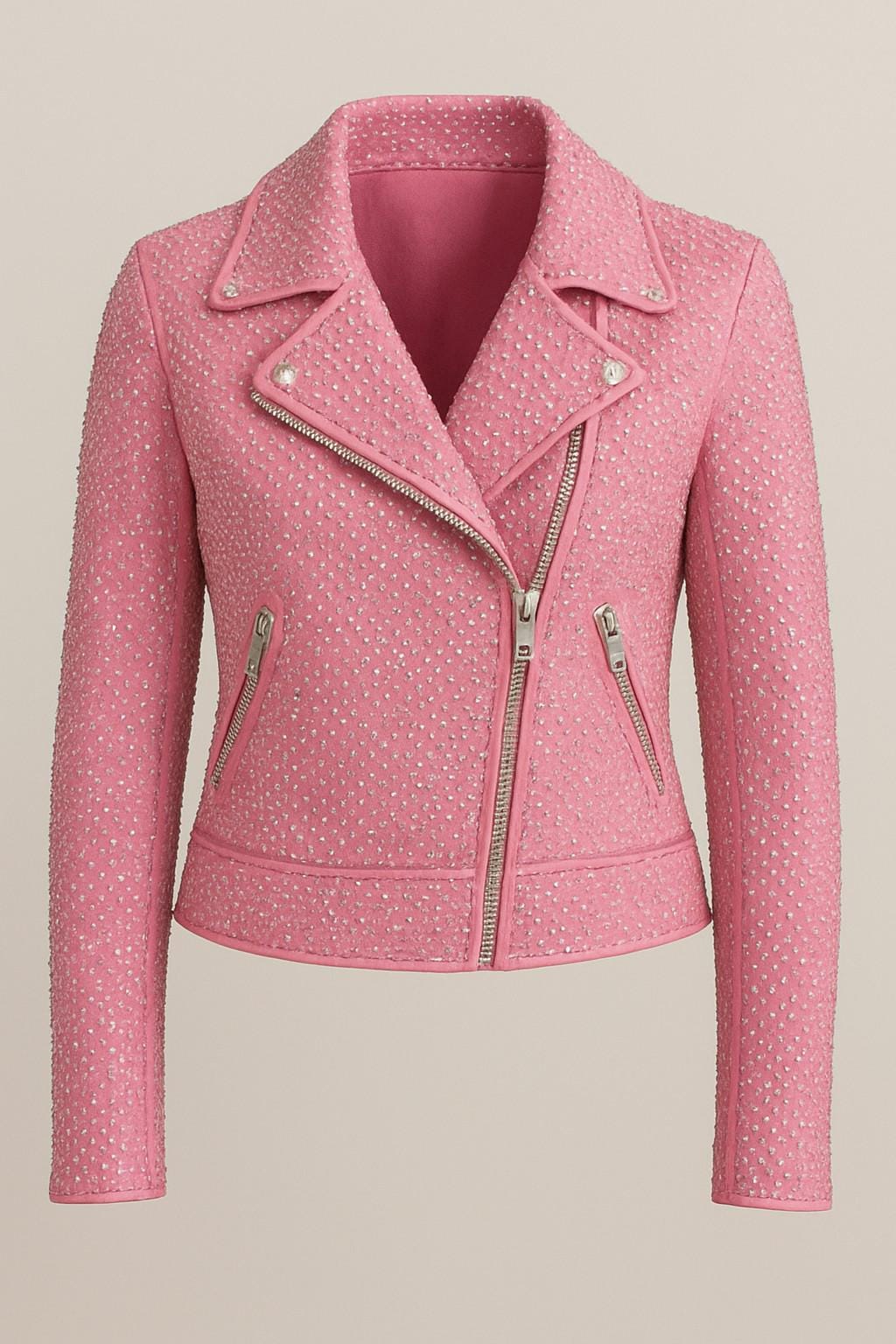 ピンクのラインストーンバイカージャケット：クリスタルスタッズ付き