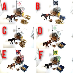 May include: A collection of six miniature horse-drawn carts labelled A through F, each featuring a unique flag, a painted wooden cart with a matching crest, a small horse figure, a miniature bucket, and a treasure chest filled with gold-coloured coins.