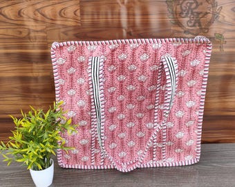 Handmade Cotton Quilted Block Print Tote Bag, Pink Floral Block Print Shoulder Bag Reusable Shopping Bag,Eco Friendly Market Tote for Women.
