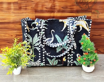 Sacola de algodão acolchoada feita à mão com estampa animal, sacola de algodão preta com estampa de safari na selva | Design de zebra e leopardo, sacola ecológica reutilizável.