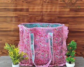 Reversible Handmade Cotton Quilted Tote Bag : Rifle Paper Style Floral Bag , Large Travel Shoulder Bag, Unique stylish bag.