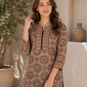 Hand Block Print Cotton Short Kurti for Women, Indian Ethnic Tunic Top, Boho Floral Kurta, Casual Summer Kurti, Handmade Gift
